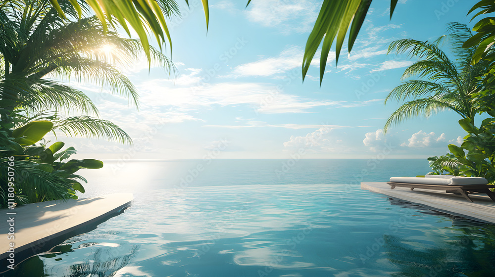 Fototapeta premium Serene Tropical Infinity Pool with Panoramic Ocean Views Surrounded by Lush Greenery