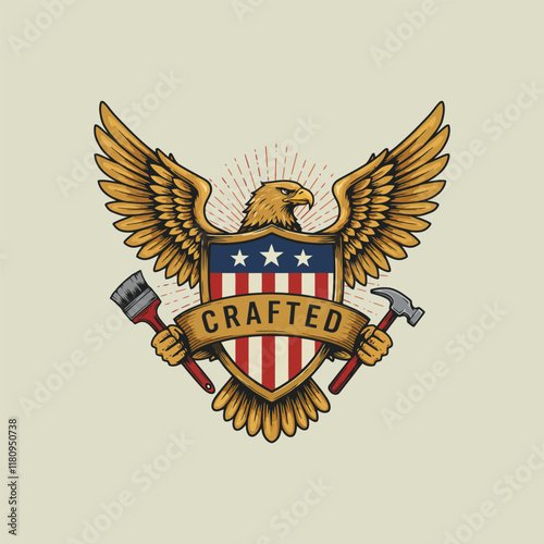 A majestic eagle holds a paintbrush and hammer against an American flag shield symbolizing crafted skill.