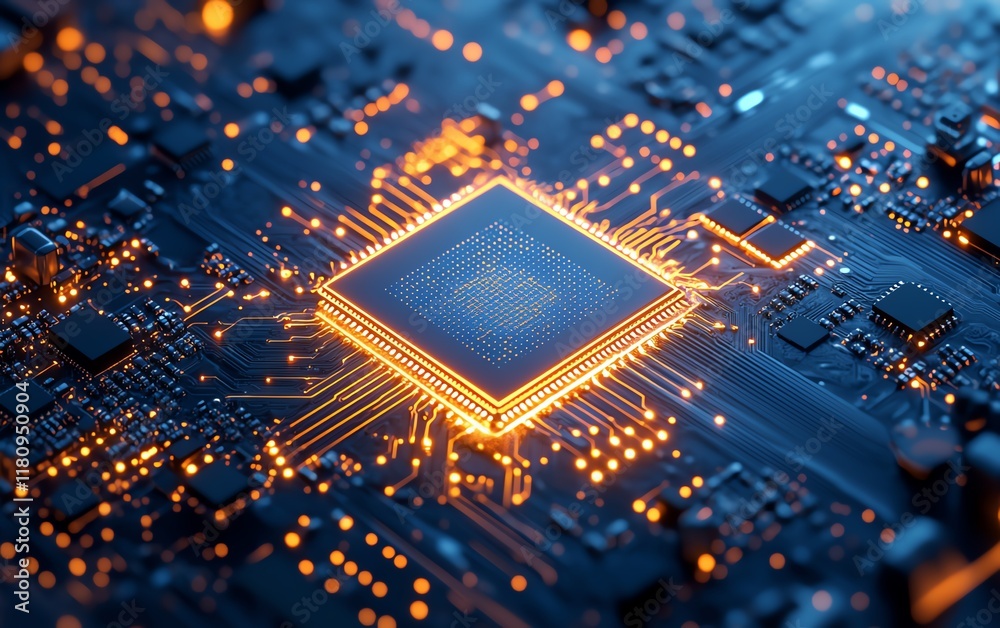 Hyperrealistic blue digital technology background, mechanical gears and circuit board patterns, glowing elements, modern futuristic design, sleek tech visuals