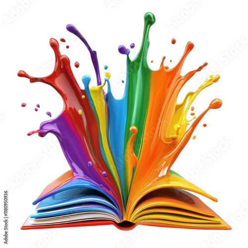 n open book with vibrant splashes of paint in various colors emerging from its pages. symbolizing creativity. imagination. and the power of storytelling the dynamic colors and movement evoke a sense o photo