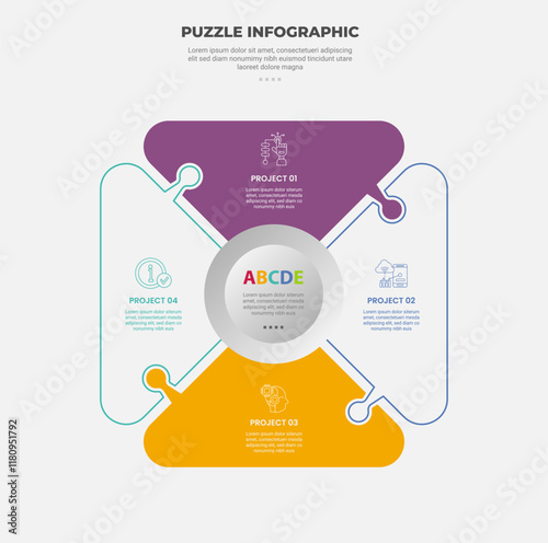 puzzle infographic outline style with 4 point template with round triangle cycle circular with circle on center for slide presentation