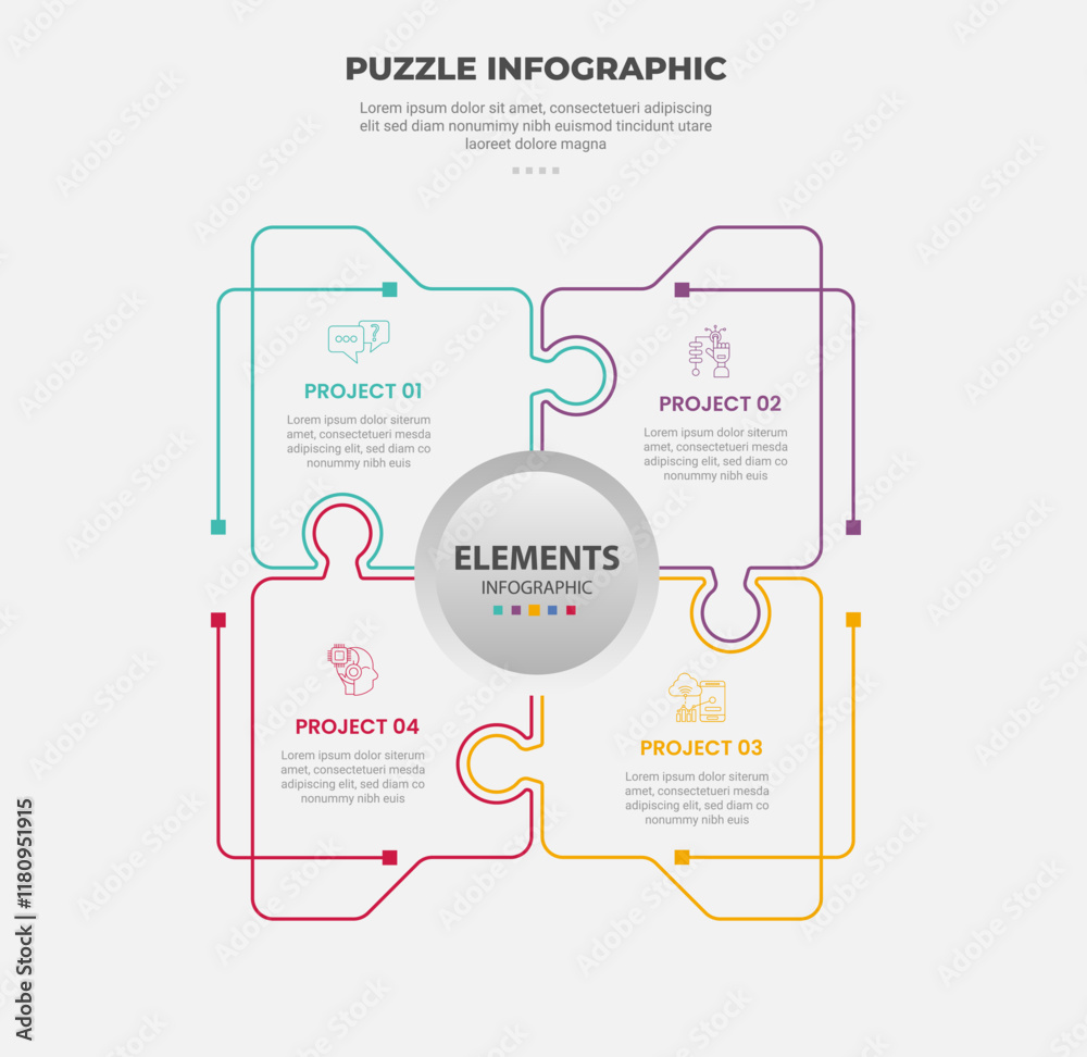 Obraz premium puzzle infographic outline style with 4 point template with square matrix box with circle on center for slide presentation