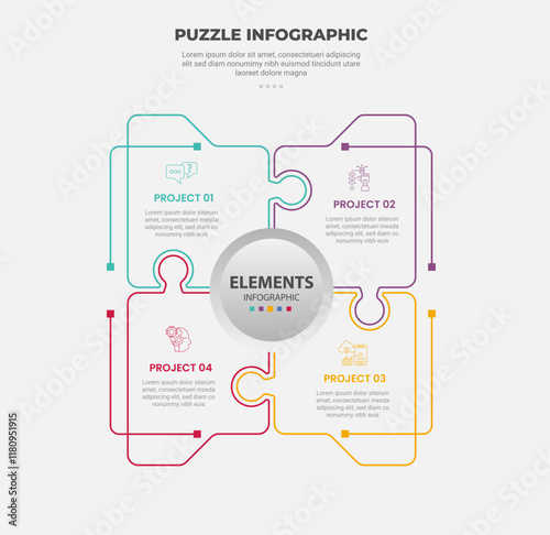 puzzle infographic outline style with 4 point template with square matrix box with circle on center for slide presentation