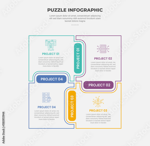 puzzle infographic outline style with 4 point template with creative matrix base shape on circular direction for slide presentation