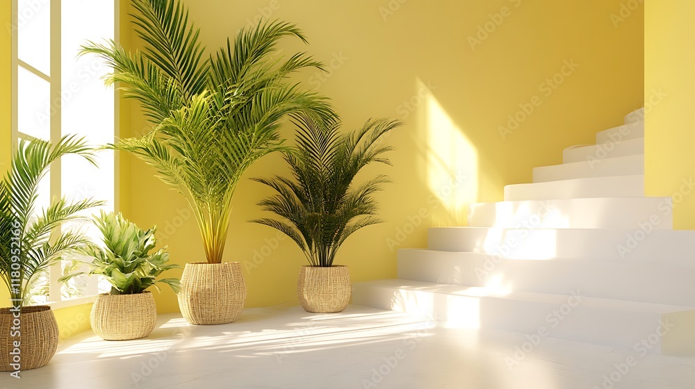 Fototapeta premium Sunlit Interior with Plants and White Staircase