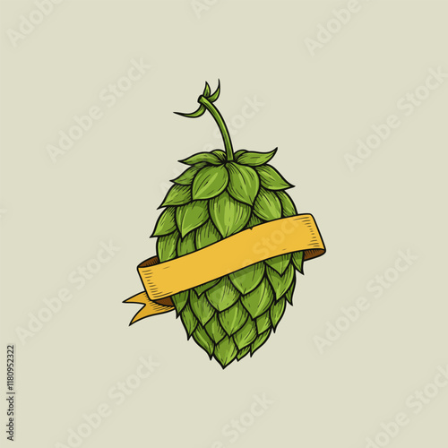 A detailed illustration of a single green hop cone encircled by a yellow ribbon banner suitable for beer-related branding.