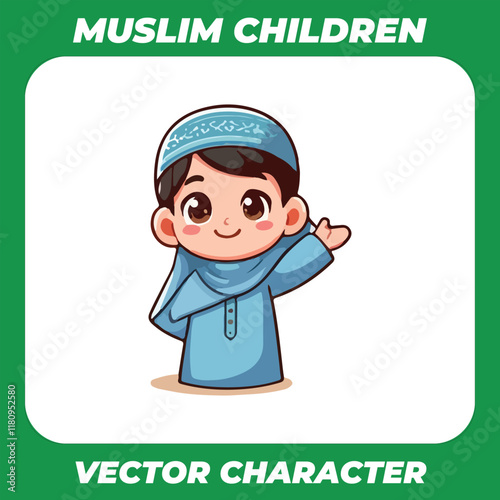 Happy muslim boy waving hands Vector illustration