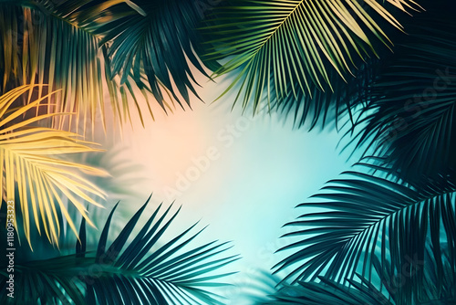 Vintage frame made of palm leaves. Tropical background with copy space in gradient colors. Summer party, travel, holiday, vacation. Border for banner, poster, invitation
