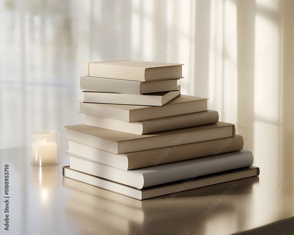 Soothing Study Nook: Flickering Candlelight Over Turquoise Books on Light Wooden Desk Brings Serenity and Peaceful Energy to the Space