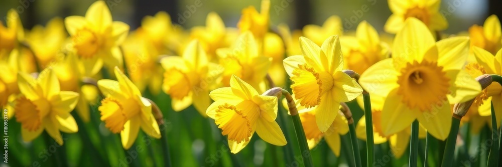 Obraz premium Dense cluster of daffodils, sunny day, green stems, group, sunlight, macro