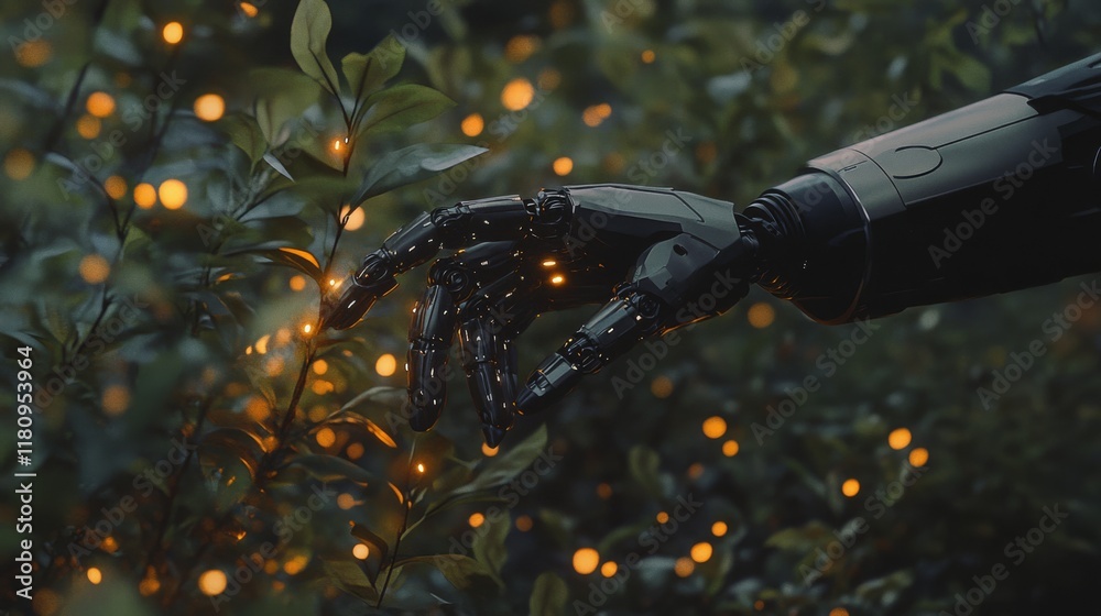 Naklejka premium In a dimly lit garden, a robotic hand gently touches a glowing plant, symbolizing the fusion of nature and technology in an otherworldly moment.