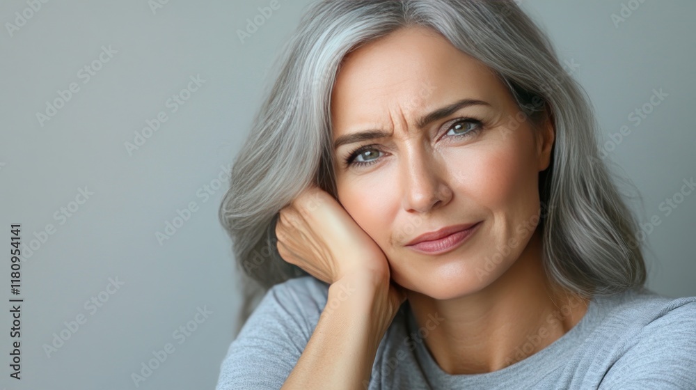 Fototapeta premium Portrait of a pensive mature woman with grey hair, thoughtful expression, and hand on cheek, conveying a sense of contemplation and introspection.