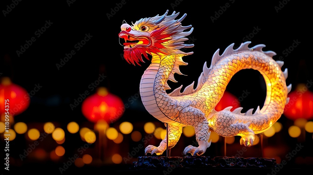 Fototapeta premium Dragon-shaped lantern display, vibrant colors illuminating the night, celebrating cultural heritage, enchanting atmosphere, intricate craftsmanship, festive spirit.