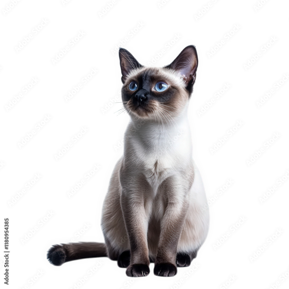 a siamese cat sits gracefully against a white background. showcasing its striking blue eyes and distinctive color patterns cat's curious expression and elegant posture. emphasizing its beauty and cha a siamese cat sits gracefully against a white background. showcasing its striking blue eyes and distinctive color patterns cat's curious expression and elegant posture. emphasizing its beauty and cha