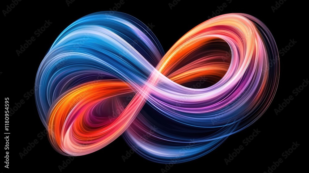 Colorful abstract infinity symbol glowing with vibrant hues of blue, orange, pink, and purple on a dark background Colorful abstract infinity symbol glowing with vibrant hues of blue, orange, pink, and purple on a dark background