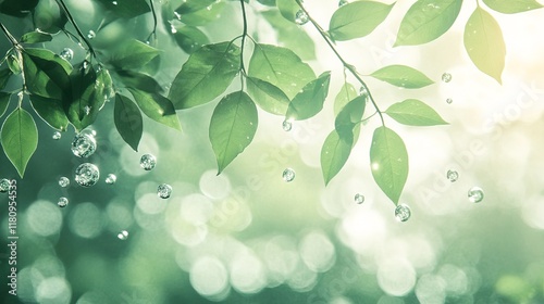 Serene and Calming Nature Background with Green Leaves and Water Bubbles 