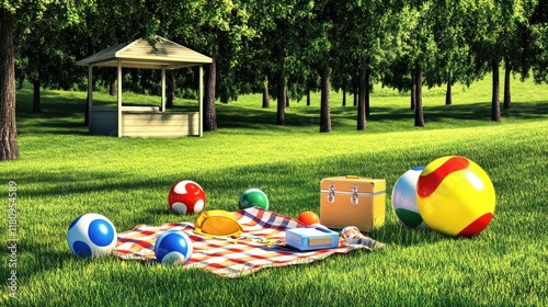 A colorful picnic setup in a grassy park with balls and a picnic basket.