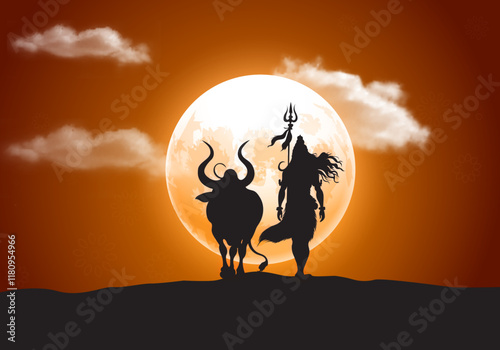 Vector illustration of Hindu Festival Maha Shivratri with Lord Shiva and Nandi Shiva's mount , Happy Maha Shivratri. 