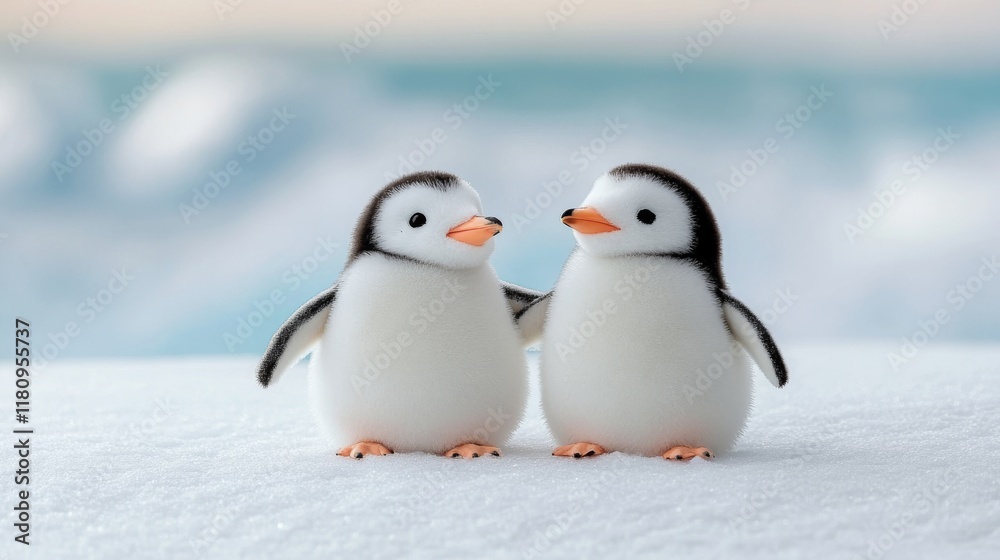 Obraz premium Two fluffy penguins stand cheek-to-cheek on snow, exuding warmth and companionship in a serene Arctic landscape under a pastel sky.