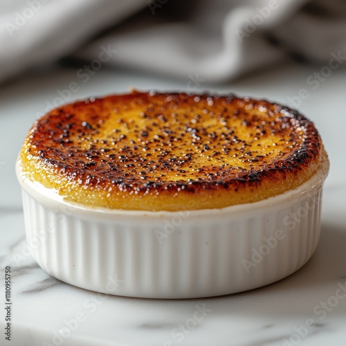 Creamy CrÃ¨me brÃ»lÃ©e: A Classic French Dessert with a Caramelized Sugar Crust. Indulge in this rich, creamy custard, baked to perfection for a delightful treat. photo