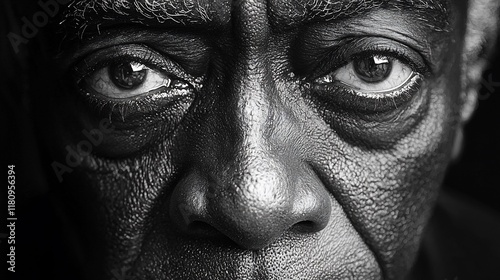 Close-up black and white portrait of an elderly man's face, showing wrinkles, texture, and intense gaze.