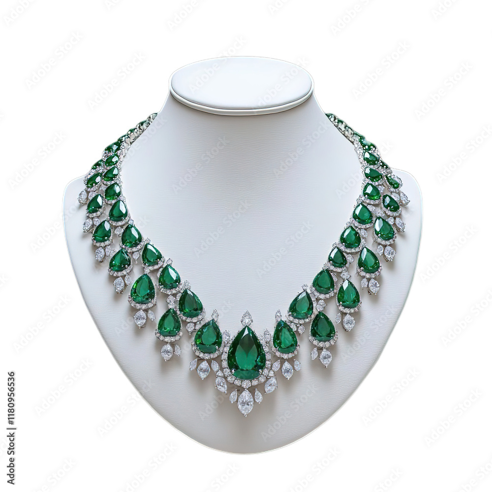Emerald necklace displayed on a white mannequin neck Emerald necklace displayed on a white mannequin neck