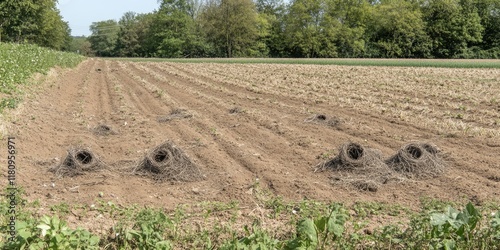 A field showing mounds of soil, likely from burrowing animals or agricultural activity.