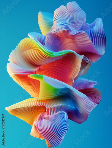 Rainbow Abstract Swirl: A vibrant, multicolored abstract swirl of rainbow hues, resembling a dynamic, three-dimensional wave or ripple, set against a calming blue backdrop.