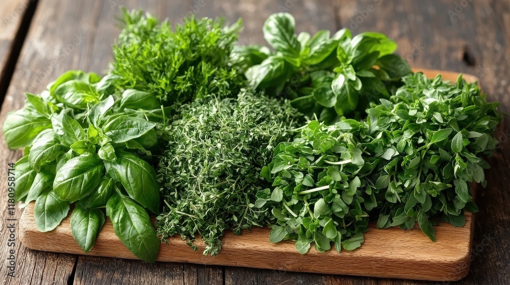 Chopping fresh herbs on a wooden board in a rustic kitchen setting for culinary inspiration Chopping fresh herbs on a wooden board in a rustic kitchen setting for culinary inspiration