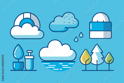 Cartoon white clouds icon set isolated on blue background. Cloudscape in flat style. Blue sky cloud weather symbol. Vector illustration cloudy panorama 
