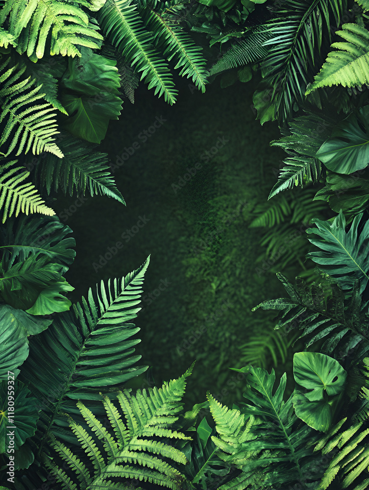 Fototapeta premium Lush Tropical Foliage Frame: A verdant symphony of tropical leaves forms a vibrant, organic frame, creating a captivating and natural backdrop for your designs.