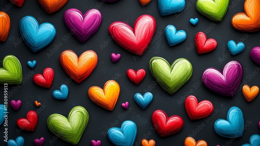 Obraz premium A vibrant array of colorful hearts in various sizes scattered against a dark background, creating a playful and cheerful atmosphere.