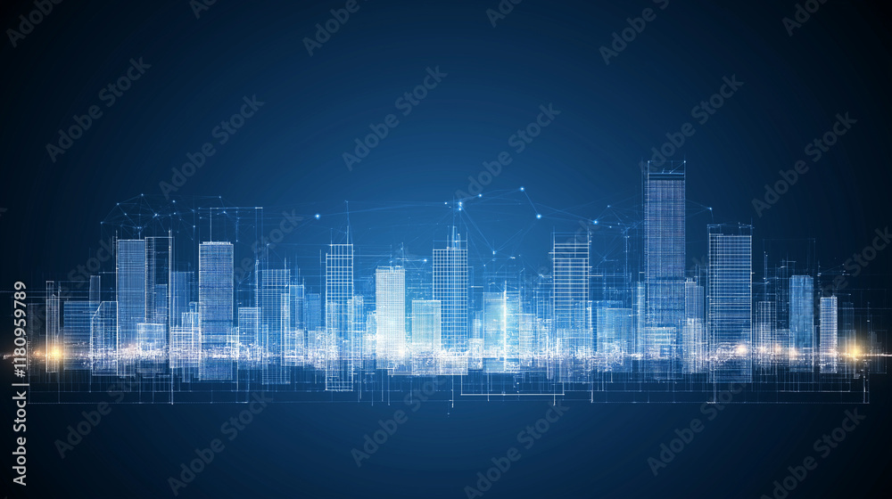 Naklejka premium Cityscape of Tomorrow: A mesmerizing, digitally-rendered cityscape, bathed in a deep blue hue, evokes a sense of futuristic progress and technological advancement.