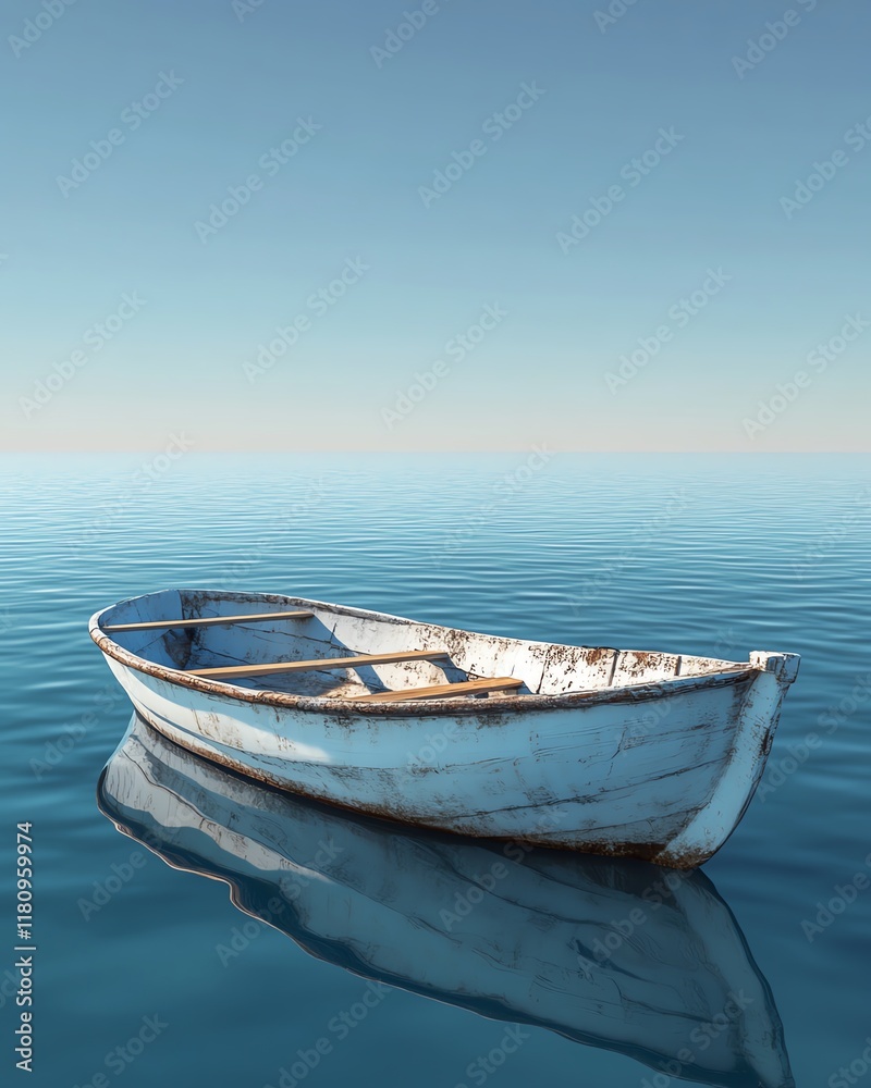 Naklejka premium Lonely rowboat floating on glassy blue ocean, clear sky stretching above, calm horizon, soothing reflection, ultrarealistic visuals, 4K