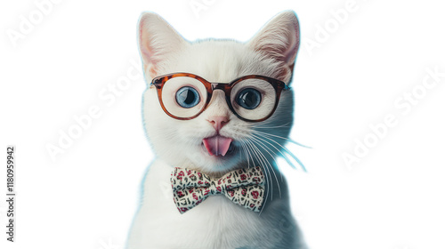 Adorable White Cat with Glasses and Bow Tie Captivates with Charming Expression and Playful Attitude Perfect for Fun and Whimsical Projects