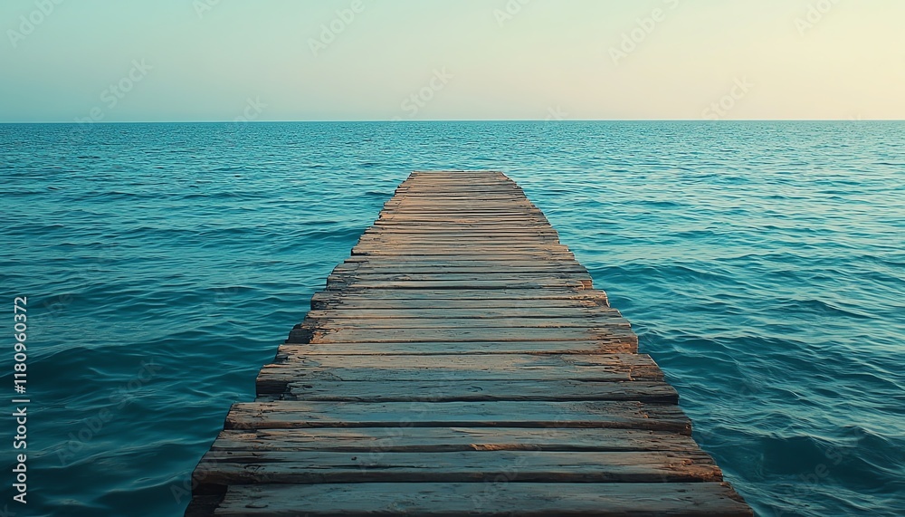 Fototapeta premium Long wooden pier extending over a calm blue sea, serene evening light, golden hour reflections, tranquil atmosphere, ultraHD, cinematic view