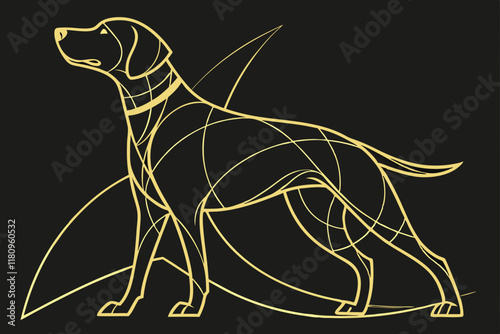 Golden line art, minimalist dog silhouette, elegant canine outline, black background, sleek design, continuous line drawing, modern pet logo, golden retriever style, metallic sheen, artistic simplicit