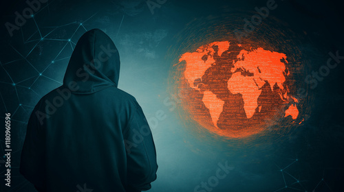 Cybersecurity Threat: A hooded figure stands before a glowing red world, symbolizing the ever-present threat of cyberattacks and data breaches in the digital age. photo