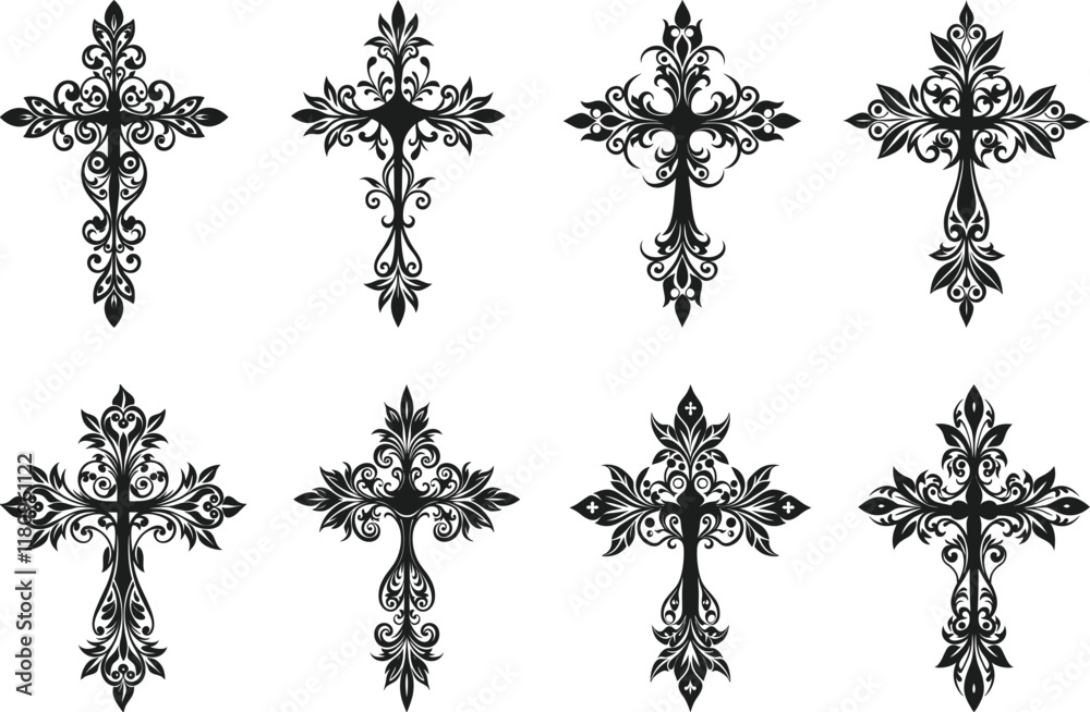Elegant Set of Ornamental Cross Silhouettes for Religious and Decorative Designs