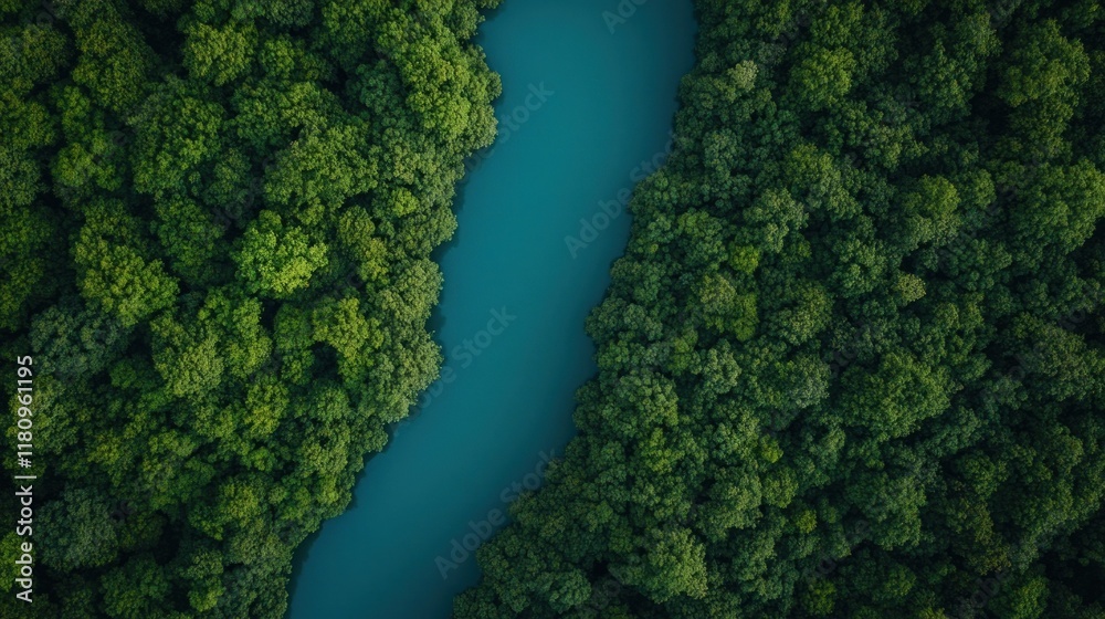 Aerial view of a river flowing through a lush green forest. (1) Aerial view of a river flowing through a lush green forest. (1)
