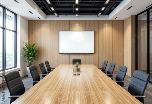Modern Conference Room With Large Screen and Wooden Table
