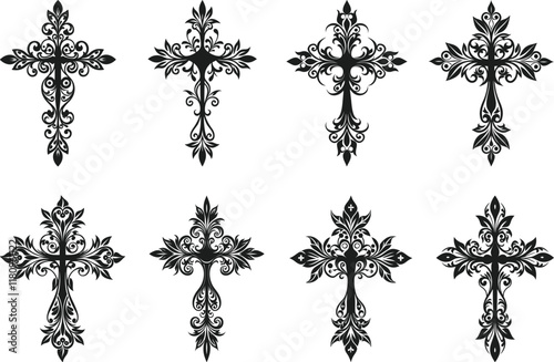 Elegant Set of Ornamental Cross Silhouettes for Religious and Decorative Designs