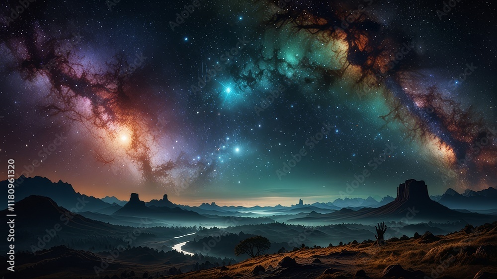 Naklejka premium Mysteriöse Weltraumlandschaft mit leuchtenden Nebeln, fernen Planeten und kosmischen Strukturen - eine faszinierende Reise durch unbekannte Galaxien