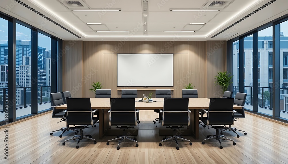 Modern Boardroom with City View and Large Screen Modern Boardroom with City View and Large Screen