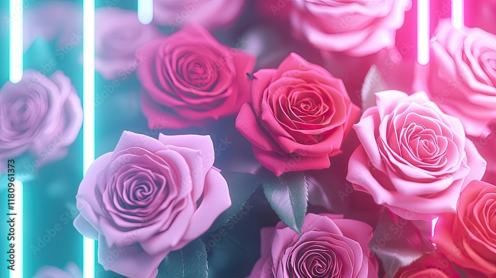 Fototapeta premium Beautiful Arrangement of Pink and Red Roses with Neon Lights for Luxurious Floral Displays or Backgrounds
