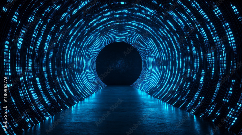 Digital Tunnel Vision: Abstract 3D rendering of a futuristic blue data tunnel, glowing with binary code, leading into an unknown digital realm. Perfect for tech, AI, and futuristic concepts. Digital Tunnel Vision: Abstract 3D rendering of a futuristic blue data tunnel, glowing with binary code, leading into an unknown digital realm. Perfect for tech, AI, and futuristic concepts.
