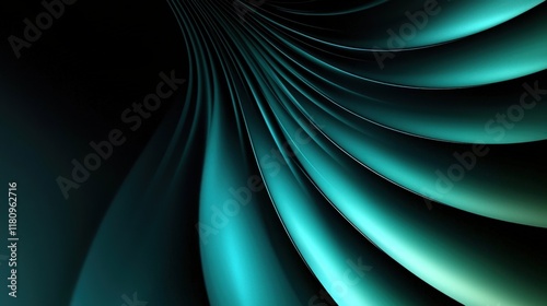 An abstract, minimalistic design featuring curved wave patterns in glowing turquoise and teal gradients, set against a high-contrast black background photo