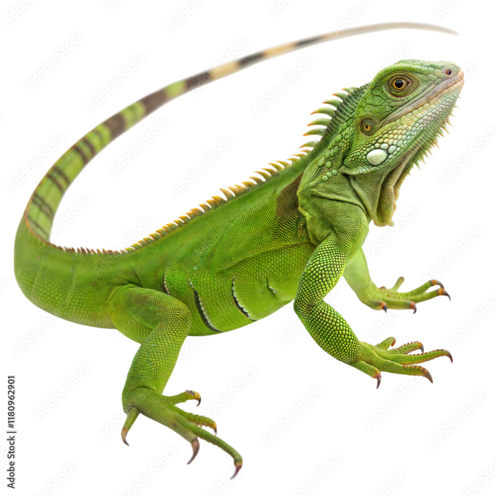 Fototapeta premium Relaxed green iguana basking in tropical sunlight a wildlife photography concept, isolated on white or transparent background