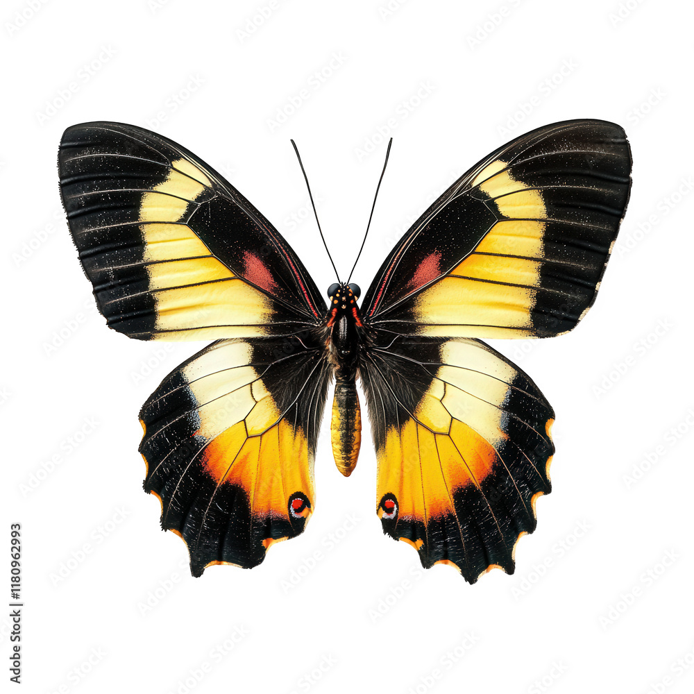 Obraz premium beautifully detailed butterfly with vibrant black. yellow. and red patterns on its wings. showcasing the intricate design of nature it serves as an artistic representation. highlighting the beauty and
