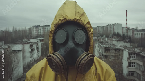 The Last Man Standing: A haunting image of a lone figure in a yellow hazmat suit and gas mask, standing against a backdrop of a desolate, post-apocalyptic city. The image evokes a sense of isolation. photo